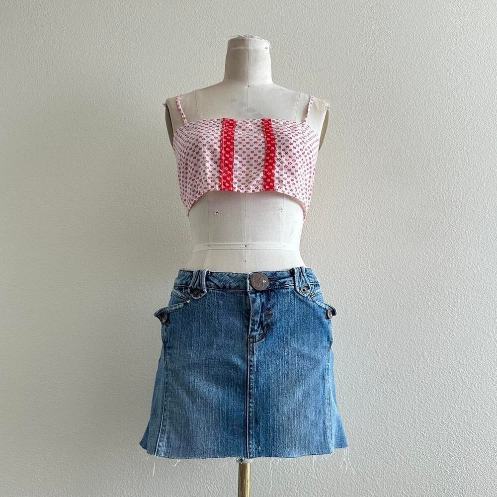 handmade red white floral tie back crop top